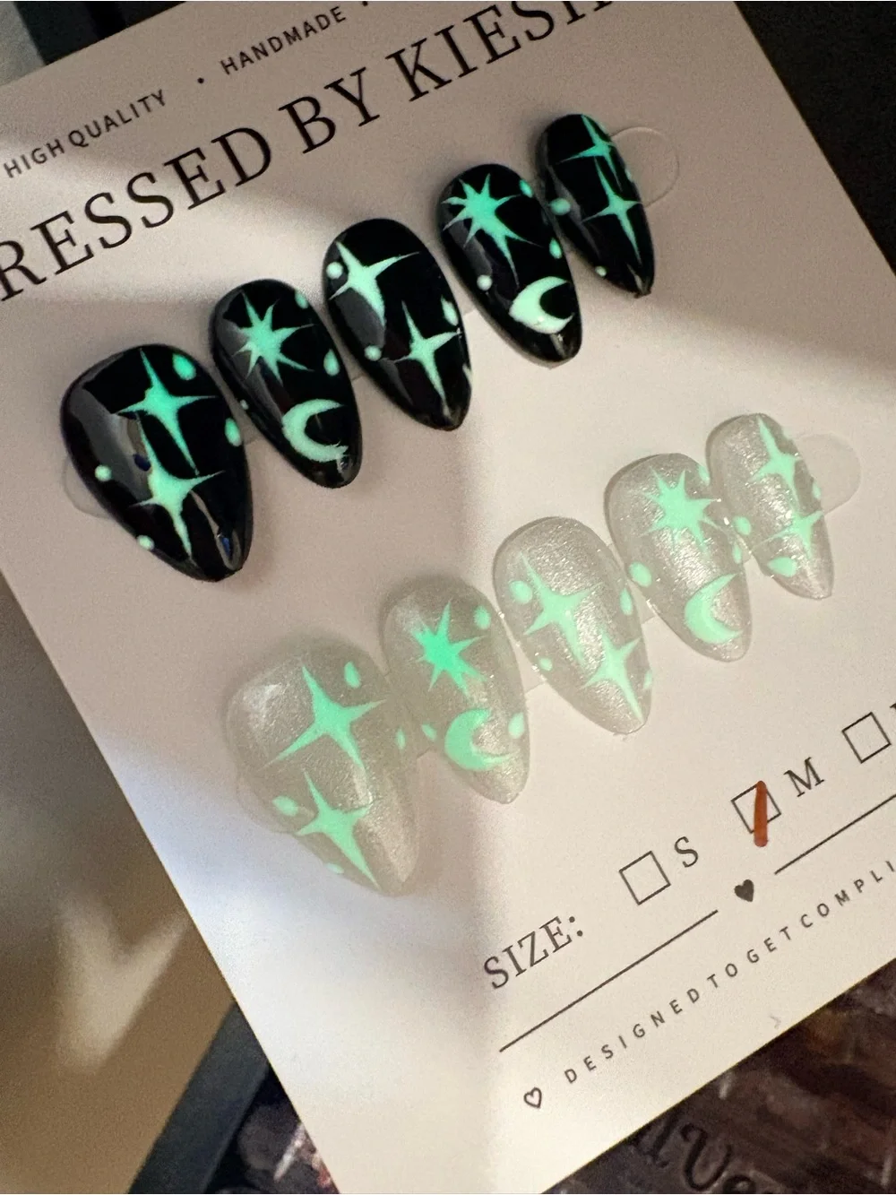 Glow-in-the-Dark Star & Moon Press-On Nail Set — Black & Silver
